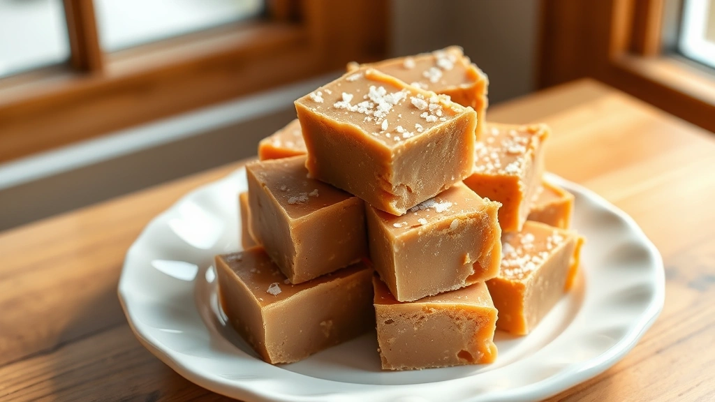 hero: beautiful maple fudge squares stacked on a white ceramic plate, golden-brown color with sea salt crystals on top, natural window light, wooden table background, no text or watermark