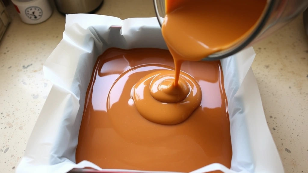 process: pouring maple fudge mixture into parchment-lined baking pan, glossy caramel-colored liquid, cooking thermometer visible, kitchen counter setting, natural daylight, no text