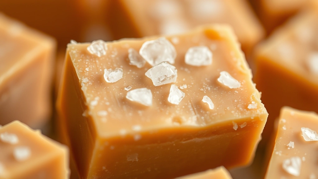 detail: close-up macro shot of single piece of maple fudge with sea salt garnish, creamy texture visible, shallow depth of field, warm natural lighting, no text