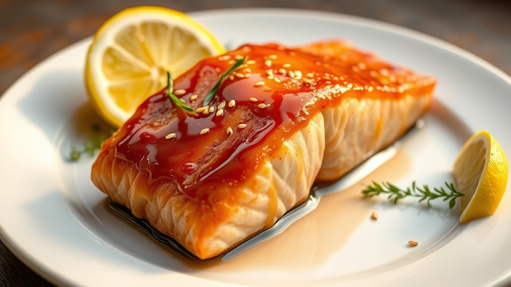 hero: perfectly cooked maple salmon fillet with glossy caramelized glaze on top, skin side down on white plate with fresh thyme garnish and sesame seeds, warm golden lighting from side, fresh lemon wedge beside, no text or watermark