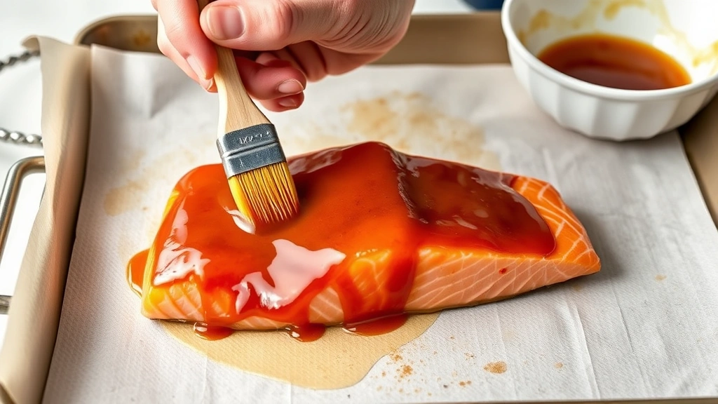 process: hands brushing thick maple glaze onto raw salmon fillet with pastry brush, baking sheet with parchment paper, bowl of glaze mixture visible in background, natural kitchen lighting, professional food photography style, no text