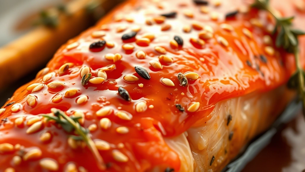 detail: extreme close-up of maple glazed salmon showing caramelized sticky coating with sesame seeds and fresh thyme, flaking texture visible, shallow depth of field, warm golden hour lighting, no text or branding