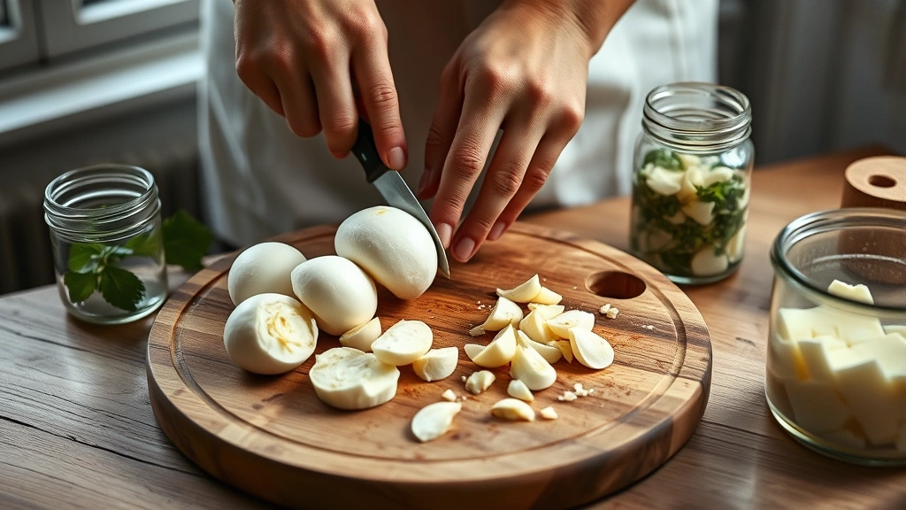 process: hands slicing fresh mozzarella and garlic on a wooden cutting board, glass jar with cheese and herbs nearby, natural daylight from window, artisanal food photography style
