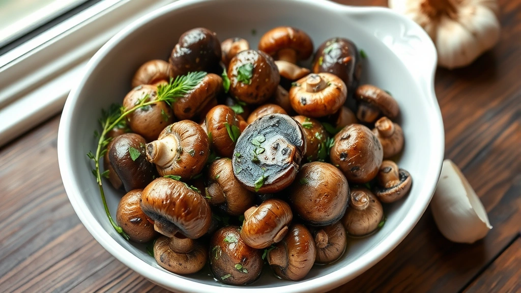hero: beautiful marinated mushrooms in a white ceramic serving bowl, glistening with olive oil vinaigrette, fresh herbs and garlic cloves visible, natural window light, rustic wooden table, no text