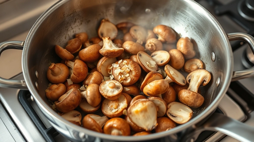 process: mushrooms being tossed in a large stainless steel skillet with sliced garlic and shallots, steam rising, golden mushrooms, natural kitchen light, no text