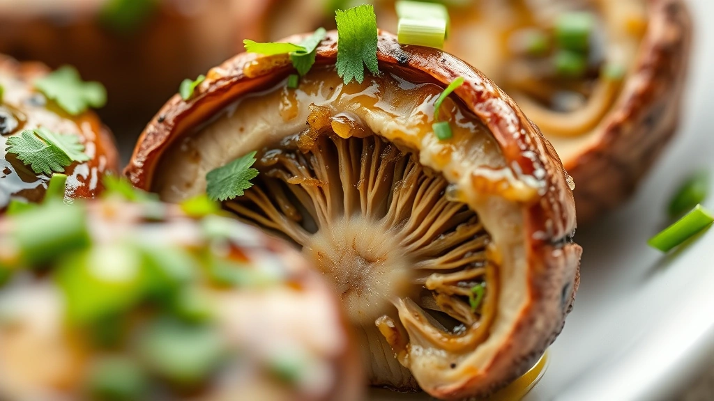 detail: close-up macro shot of marinated mushroom cross-section showing texture, glossy vinaigrette coating, fresh parsley and chives on top, shallow depth of field, natural light, no text