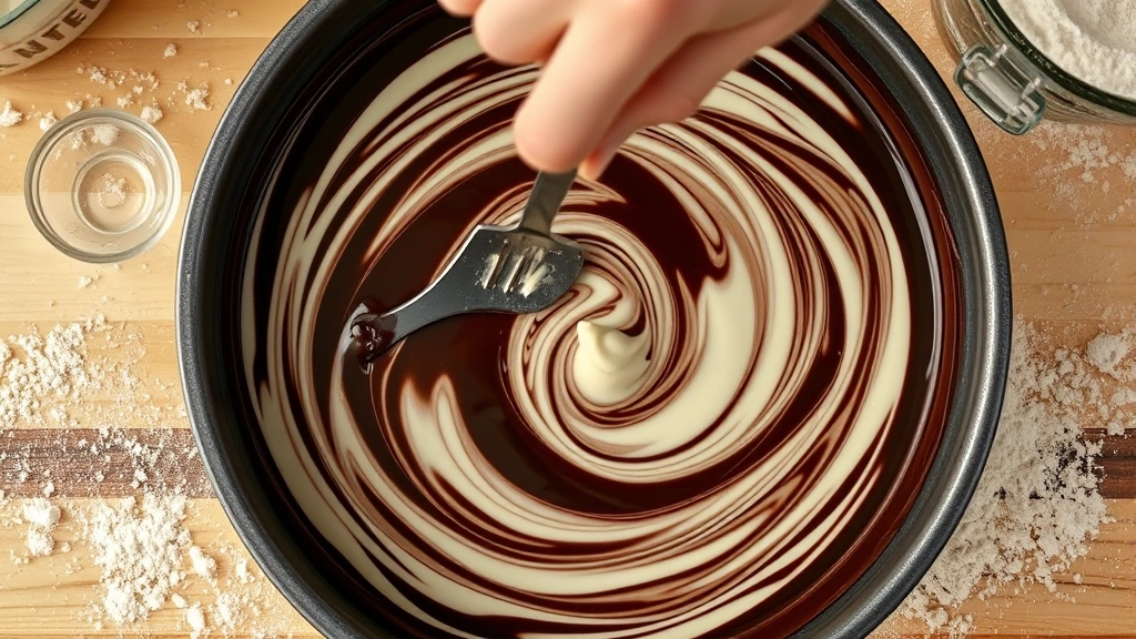 process: hand swirling chocolate and vanilla batter in cake pan with knife, showing marble pattern creation, top-down view, warm natural lighting, flour and ingredients visible on countertop