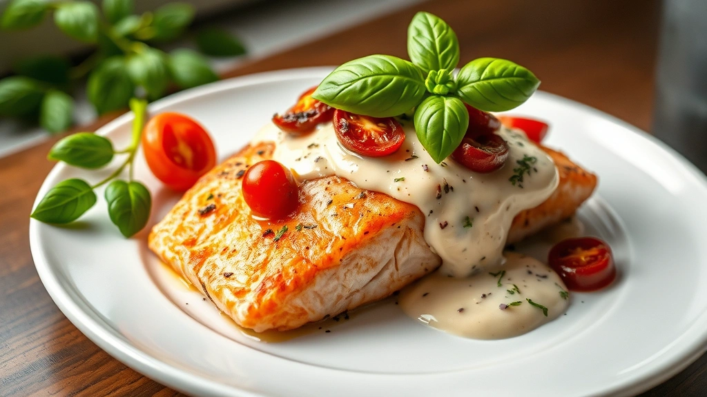 hero: golden seared salmon fillet topped with creamy garlic white wine sauce, sun-dried tomatoes, and fresh basil garnish on elegant white plate, photorealistic, natural window light, no text, professional food photography