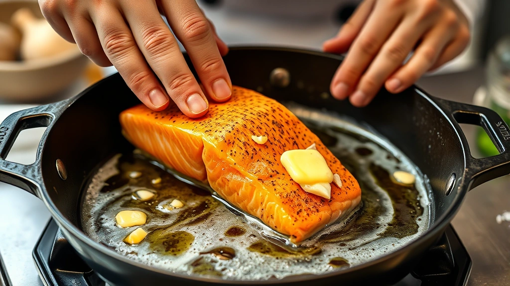 process: chef flipping salmon skin-side up in cast iron skillet with butter foaming, garlic visible, photorealistic, natural kitchen light, no text, dynamic cooking action