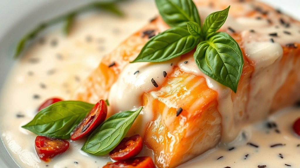 detail: close-up macro shot of creamy sauce with sun-dried tomatoes and fresh basil leaves clinging to perfectly cooked salmon, photorealistic, soft natural light, shallow depth of field, no text