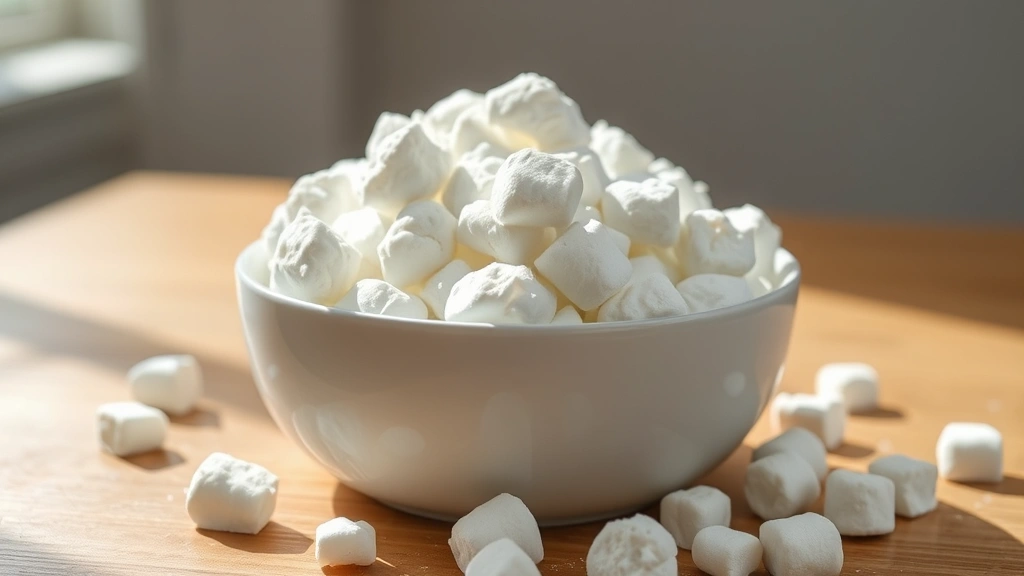 hero: fluffy marshmallow fluff in a white bowl, cloud-like texture, natural daylight streaming from left, soft shadows, marshmallow pieces visible on surface, wooden table background, photorealistic, no text