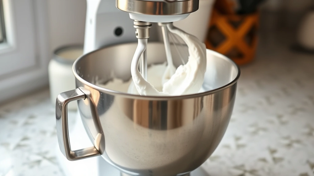 process: stand mixer whipping marshmallow mixture, white fluffy texture forming, metal bowl visible, beaters mid-action, kitchen counter setting, natural window light, photorealistic, no text