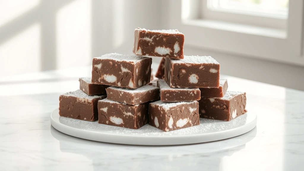 hero: Rich chocolate marshmallow fluff fudge squares stacked on white marble surface with natural window light, fresh powdered sugar dusting, elegant food styling, magazine quality, soft shadows
