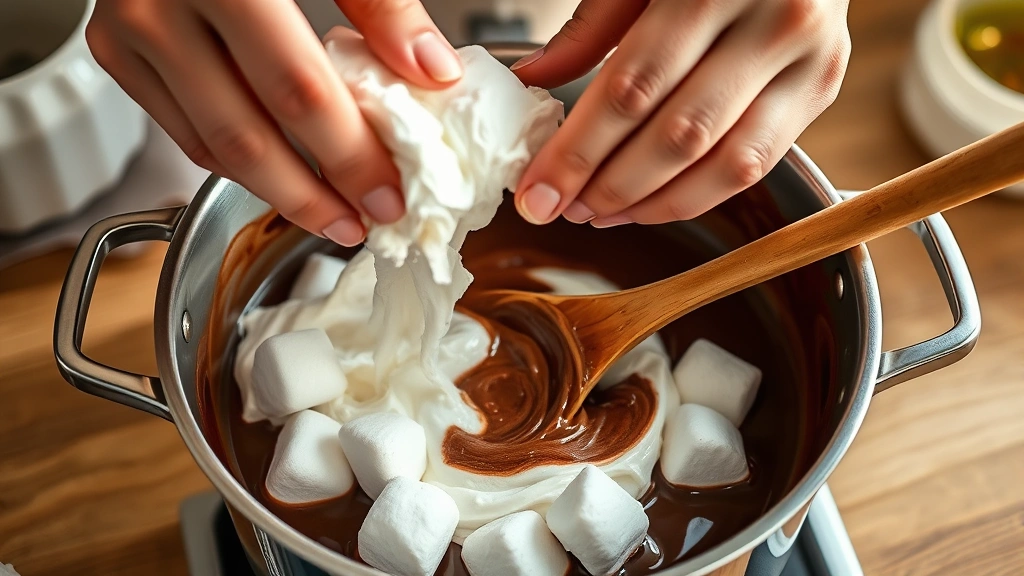 process: Hands folding marshmallow fluff into chocolate butter mixture in saucepan with wooden spoon, golden afternoon light streaming in, showing creamy texture, artisanal home kitchen setting