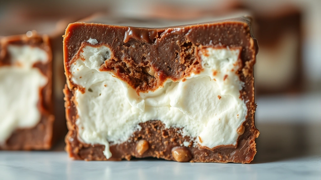 detail: Close-up of single fudge square cross-section showing creamy marshmallow layer and rich chocolate, sharp focus, natural daylight, melting texture visible, gourmet presentation