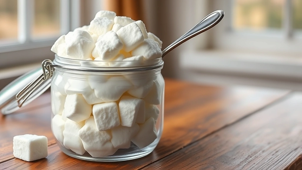 hero: fluffy white marshmallow fluff in a glass jar with a spoon, photorealistic, natural window light, wooden table background, no text