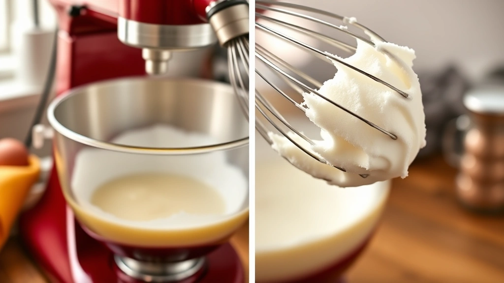 process: stand mixer beating egg whites and sugar into stiff peaks, close-up of whisk, photorealistic, bright kitchen lighting, no text