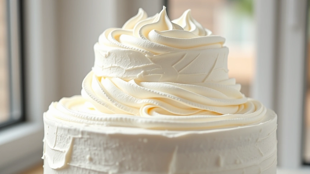 hero: beautifully frosted three-tier white cake with fluffy marshmallow frosting peaks and swirls, photorealistic, natural window light, close-up detail of frosting texture, no text