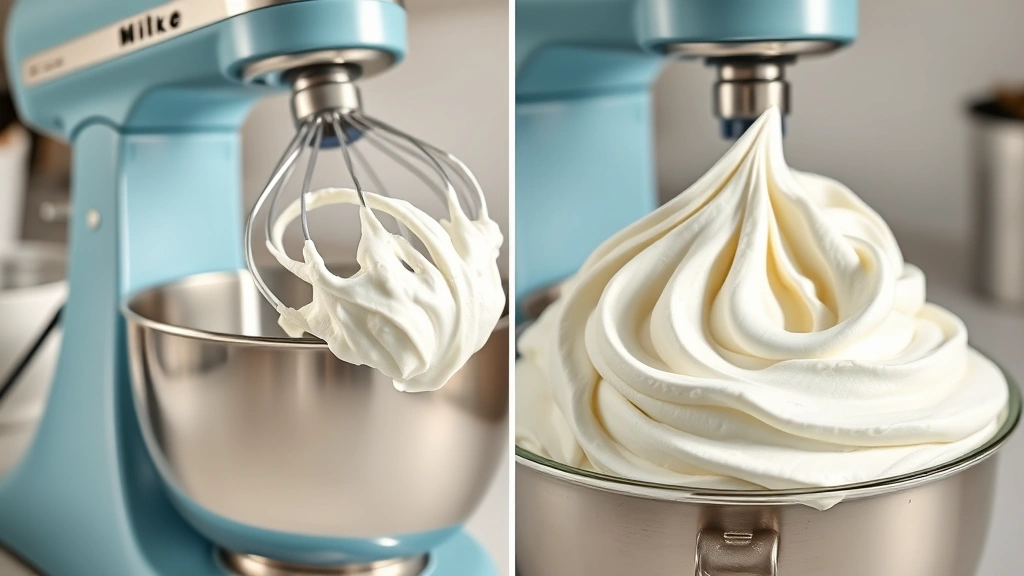 process: electric mixer whipping marshmallow frosting with egg whites creating stiff peaks and voluminous texture, photorealistic, bright kitchen lighting, action shot, no text