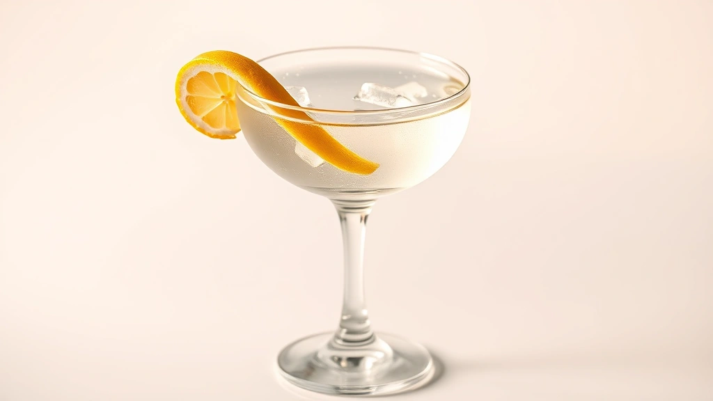 hero: perfect gin martini in crystal coupe glass with lemon twist garnish, ice-cold condensation on glass, soft golden hour lighting, elegant white background, professional cocktail photography