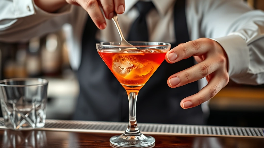 process: bartender stirring martini in mixing glass with bar spoon, ice swirling, gin and vermouth combining, close-up action shot, natural diffused lighting, professional bar setup