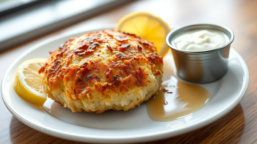 hero: golden crispy Maryland crab cake on white plate with lemon wedge and tartar sauce, photorealistic, natural daylight from left side, no text or watermarks