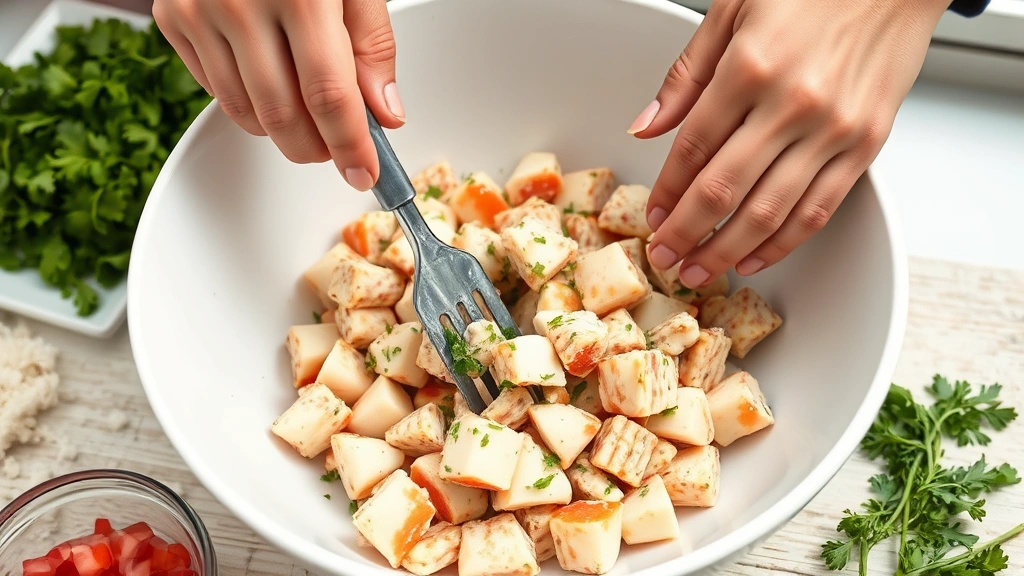 process: hands gently folding crab meat mixture in white bowl with spatula, fresh herbs and ingredients visible, photorealistic, soft natural window light, no text