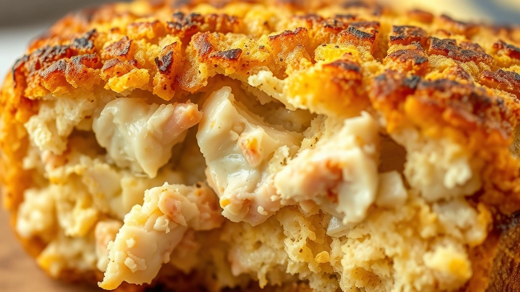 detail: close-up cross-section of crab cake showing chunks of crab meat and golden-brown exterior, photorealistic, macro photography with shallow depth of field, no text