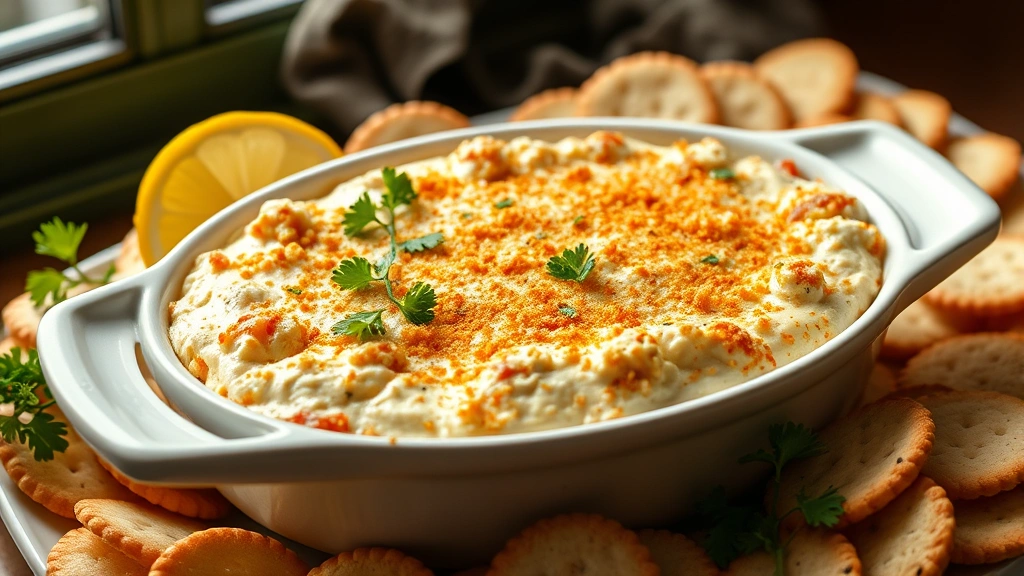 hero: Maryland crab dip in white ceramic baking dish with golden panko topping and fresh parsley garnish, steam rising, surrounded by crackers and fresh lemon slices, photorealistic, natural window lighting, no text