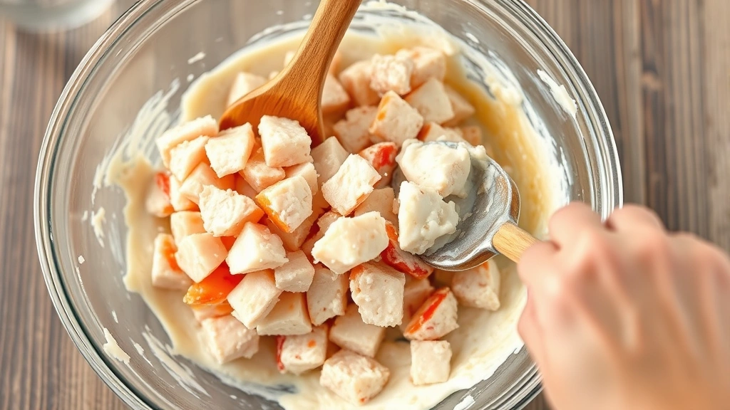 process: hands folding fresh lump crab meat into creamy mixture in glass bowl with wooden spatula, photorealistic, bright natural light, no text