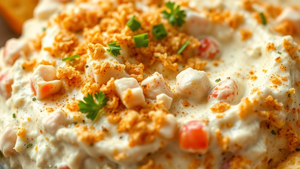 detail: close-up of finished crab dip showing visible crab lumps, creamy texture, crispy panko topping with Old Bay seasoning, fresh herb garnish, photorealistic, warm natural light, no text