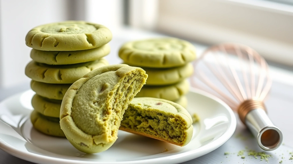 hero: stack of jade green matcha cookies with one cookie broken in half showing soft tender interior, on white ceramic plate with fresh matcha whisk, natural window light, no text