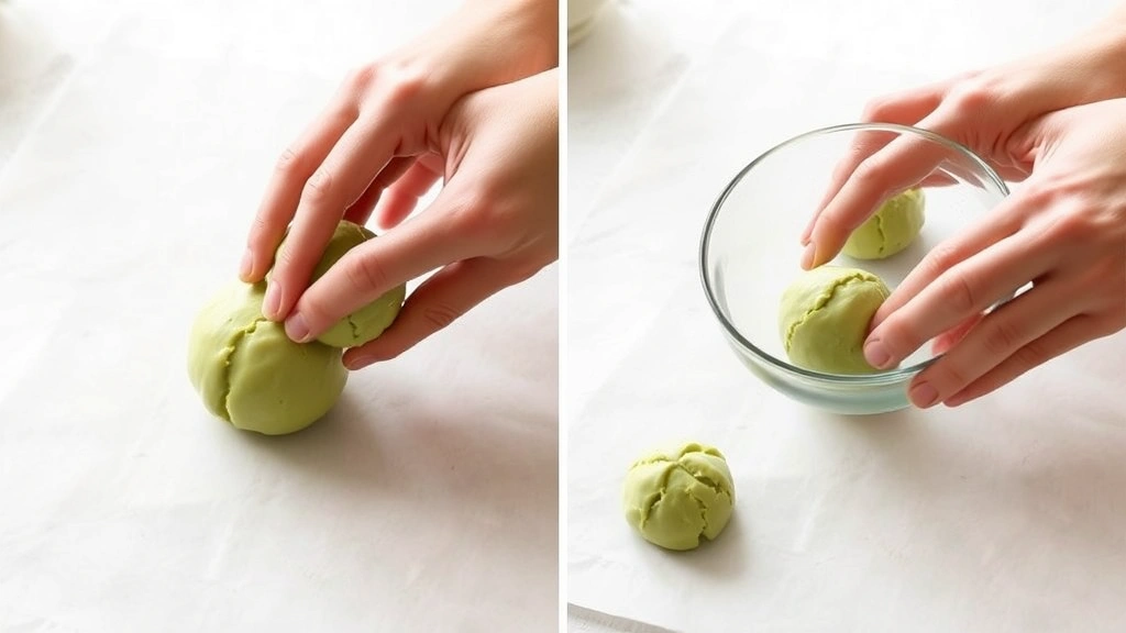 process: hands shaping matcha cookie dough into balls and flattening with glass bottom on parchment paper, pale green dough, bright kitchen lighting, no text