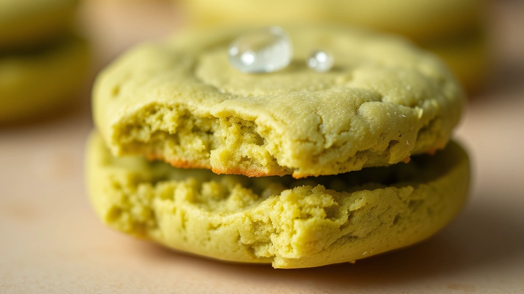 detail: close-up of single matcha cookie showing delicate crumb structure and pale jade color, slight sea salt crystal visible on top, shallow depth of field, no text