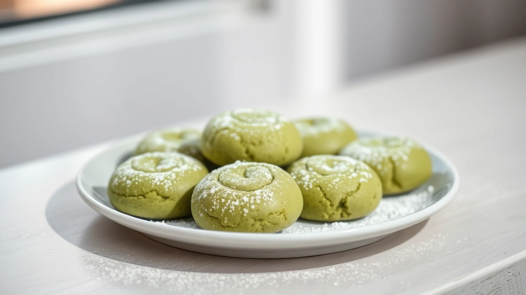 hero: beautiful jade green matcha cookies arranged on a white ceramic plate, dusted with powdered sugar, natural window light, shallow depth of field, elegant and refined presentation