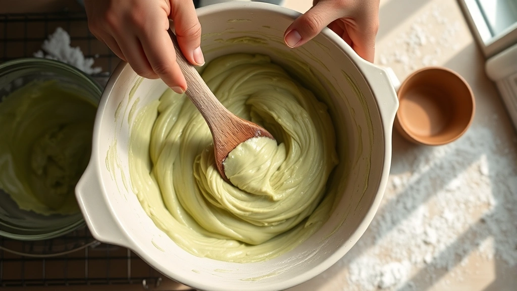 process: overhead view of baker's hands mixing matcha cookie dough in a cream-colored bowl with wooden spoon, natural daylight from window, flour dust visible