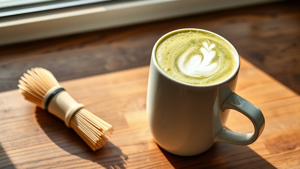 hero: vibrant green matcha latte in white ceramic mug with thick microfoam layer, bamboo matcha whisk beside it, natural morning light from window, wooden table background, no text or watermarks