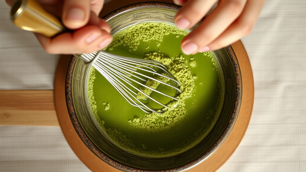 process: overhead shot of whisking matcha powder with hot water in traditional chawan bowl, creating frothy green mixture, natural daylight, hands in frame, no text