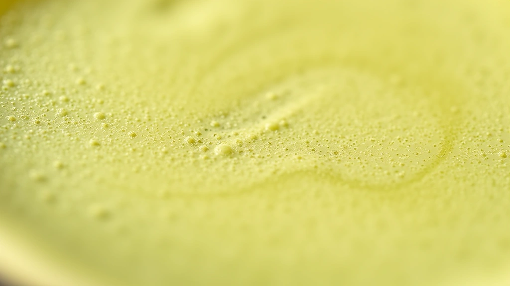 detail: close-up of creamy matcha latte with perfect microfoam top, matcha powder dusting visible, warm golden light, shallow depth of field, no text or logos