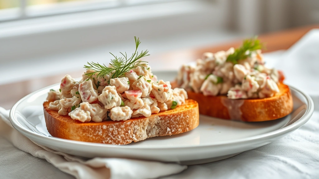 hero: elegant tuna salad served on crispy toast with fresh dill garnish, creamy texture visible, soft natural window light, styled on white linen, no text or watermarks