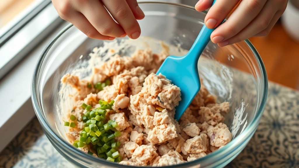 process: hands gently folding tuna mixture with rubber spatula in glass bowl, ingredients visible, warm natural lighting from above, close kitchen counter setting, no text