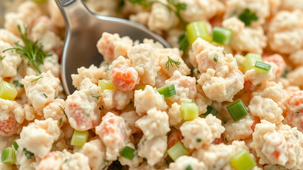 detail: close-up of fluffy tuna salad texture with visible celery pieces and dill, spoon in mixture, bright natural light, shallow depth of field, no text