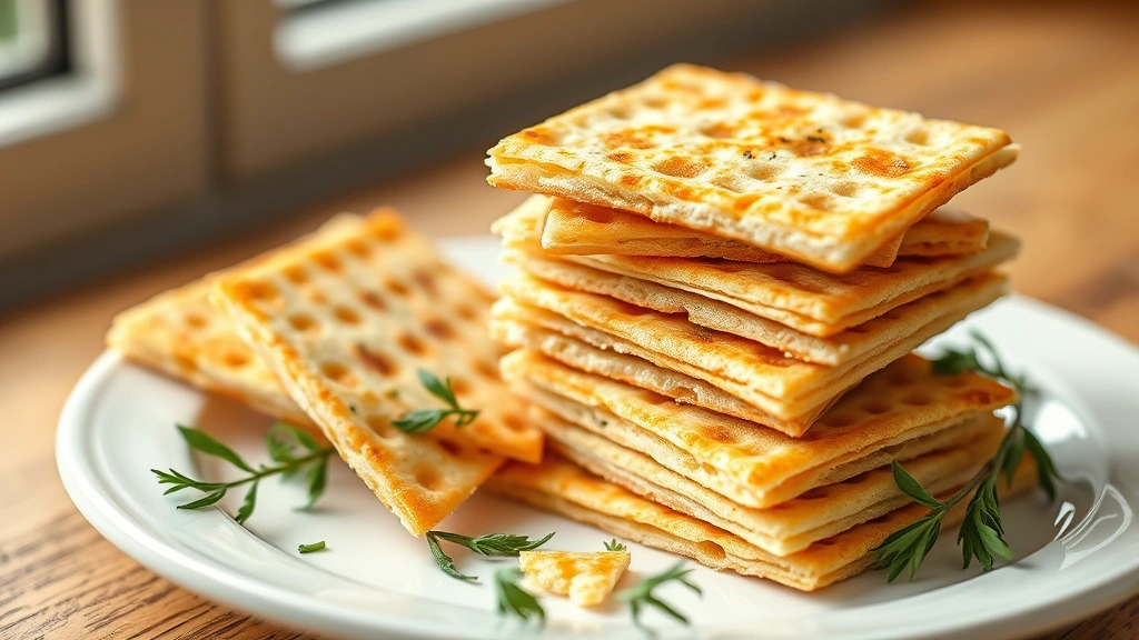 hero: golden crispy homemade matzah crackers stacked and broken on a white ceramic plate with fresh herbs, photorealistic, natural bright window light, no text, shallow depth of field