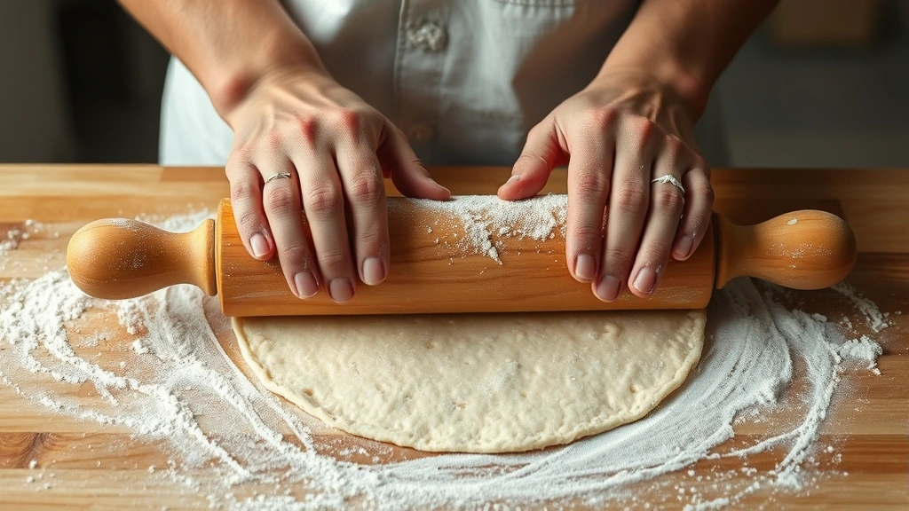 process: hands rolling thin matzah dough with wooden rolling pin on floured surface, flour dust in air, photorealistic, natural kitchen light, no text