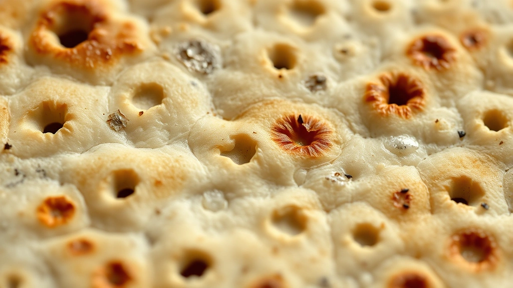 detail: close-up of pricked matzah surface showing fork holes and golden-brown char marks, photorealistic, natural light, macro photography, no text