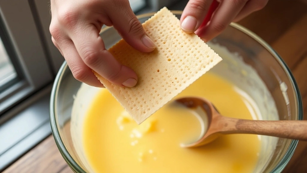 process: hands folding matzo into beaten eggs in mixing bowl, natural window light, wooden spoon visible, close-up action shot, no text