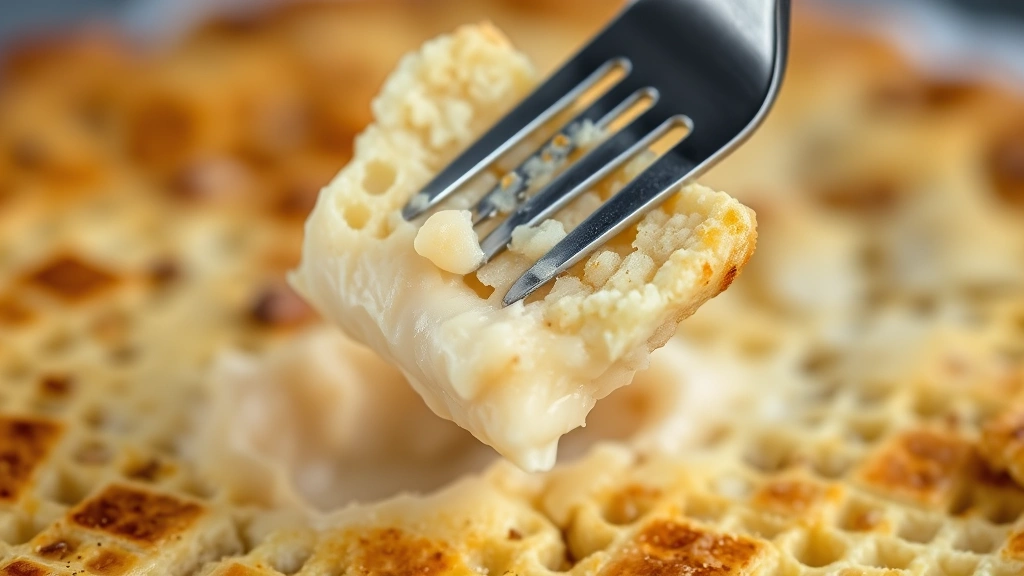 detail: close-up of golden matzo brei showing crispy exterior and custardy interior, fork lifting piece, steam visible, shallow depth of field, no text