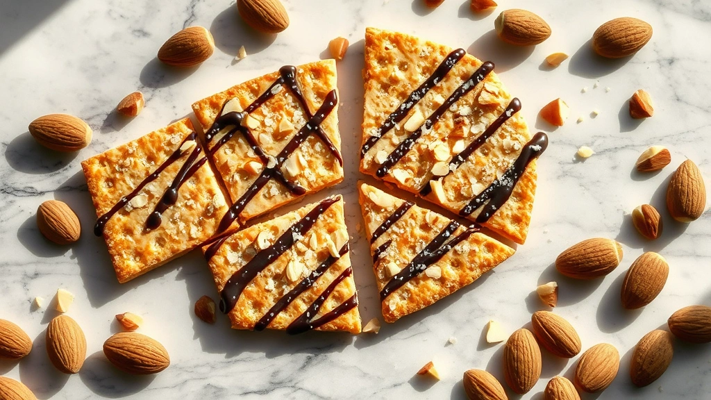 hero: matzo crack broken into pieces on a marble surface, golden-brown caramelized matzo base with dark chocolate drizzle, crushed almonds visible, fleur de sel crystals sparkling on top, scattered whole almonds around the pieces, warm natural window light creating shadows, no text