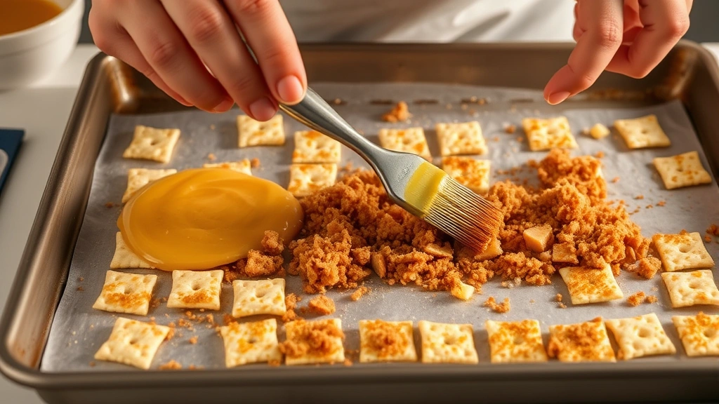 process: hands spreading melted butter-brown sugar mixture over matzo sheets with a pastry brush on baking sheet, matzo pieces partially coated, golden caramel visible, warm kitchen lighting, action shot, no text