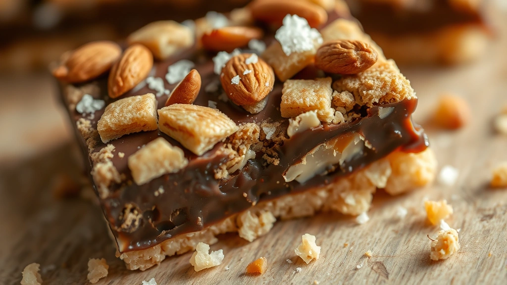 detail: close-up of matzo crack piece showing crispy caramelized matzo, chocolate layer, toasted almond chunks, and salt crystals on top, shallow depth of field, crumb texture visible, natural daylight, no text